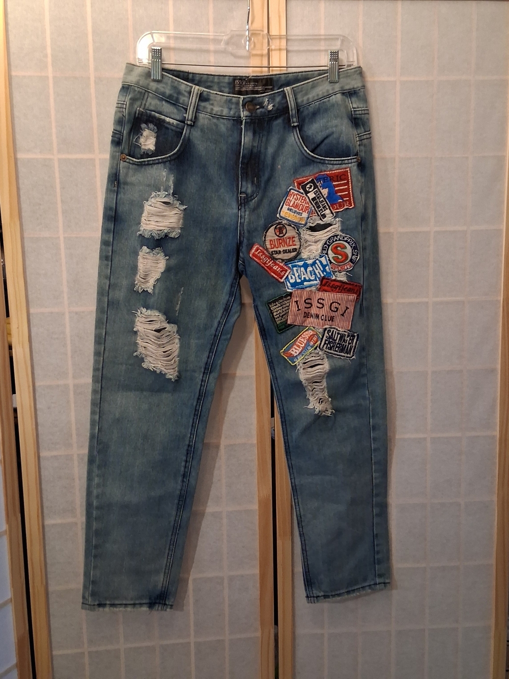 Light Blue Patchwork Straight-Leg Jeans with Distressed Details